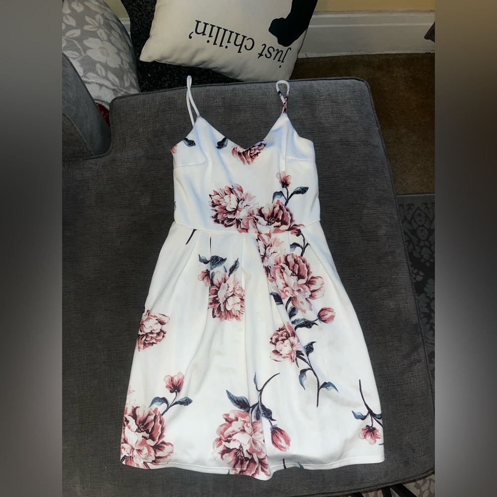 Monteau White Dress with Pink Floral Design